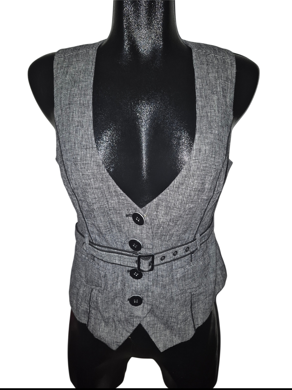 Vintage Gray Linen Blend Tailored Button-Front Waistcoat Vest with Belt Size L